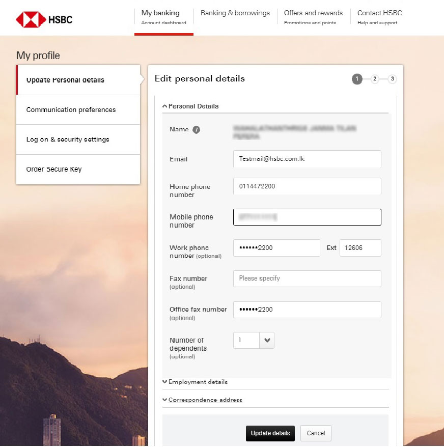 Edit personal details screen; image used for HSBC one-time password ways to bank page.