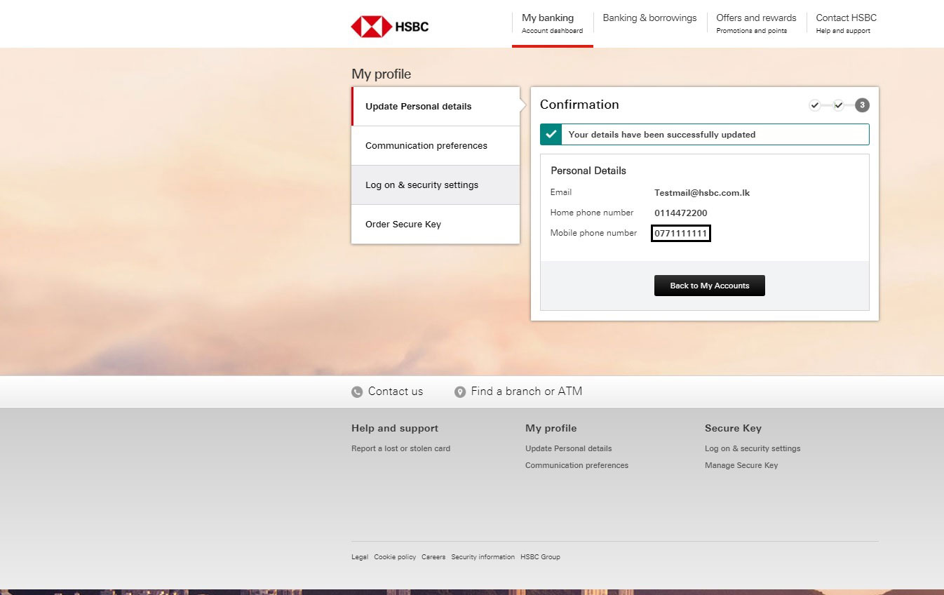 Confirmation for update personal details screen; image used for HSBC one-time password ways to bank page.